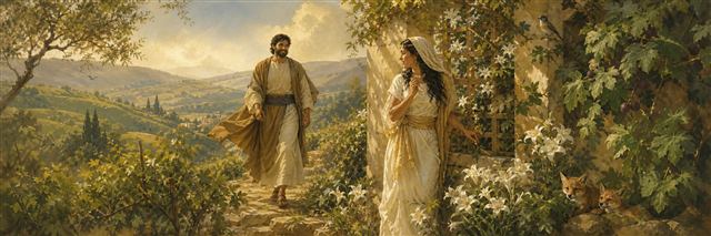 A beloved approaching across spring hills as a woman waits beside lilies and flowering vines